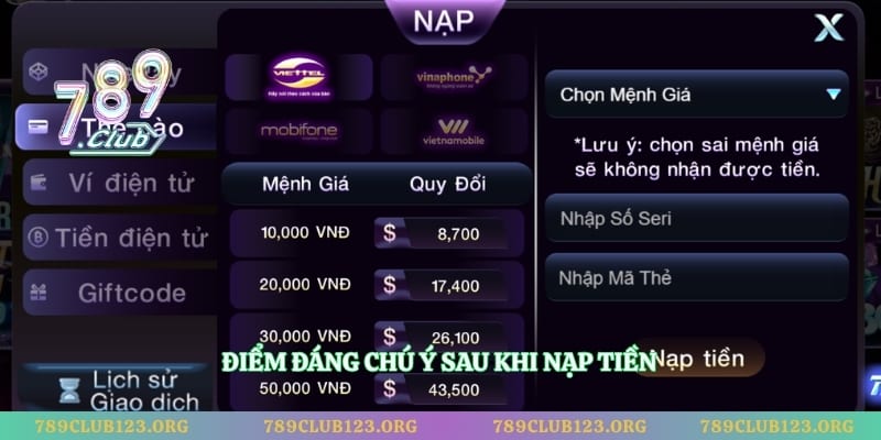 Điểm đáng chú ý sau khi nạp tiền 